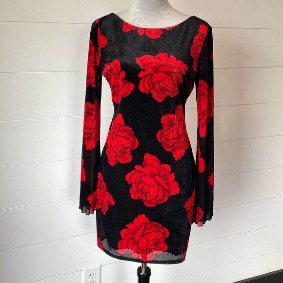 Thirty/Thirty Velvet Sheath Dress L Black Red Rose Romantic Coquette Whimsigoth - Picture 1 of 12